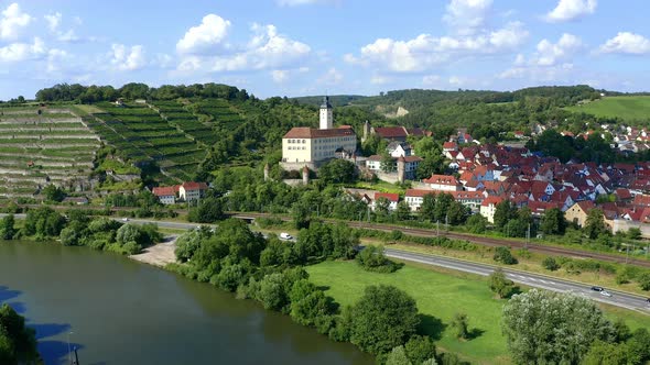 Aerial view of Castle Horneck, Gundelsheim, Baden-Wuerttemberg, Germany