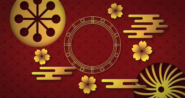 Animation of decorative yellow shapes moving and yellow flowers spinning on red background alt