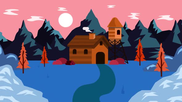 Vintage landscape holiday summer scenery with house alt