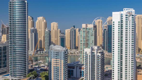 Dubai Marina Skyscrapers Aerial Top View at Morning From JLT in Dubai Timelapse UAE