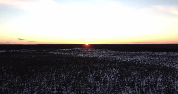 Flying Over Wintry Frozen Bog While Overlooking Sunset