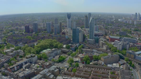 Establishing drone shot of the Razor elephant and castle London