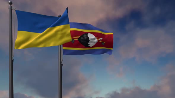 Eswatini Flag Waving Along With The National Flag Of The Ukraine - 2K