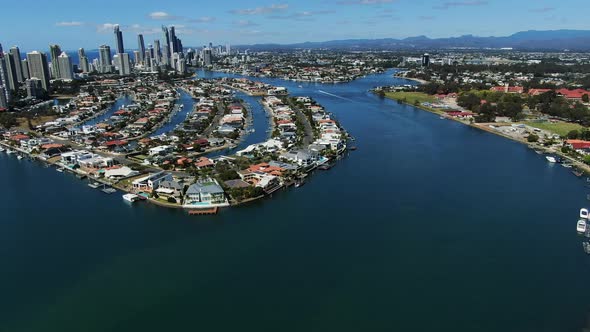 Aerial  view of Surfers Paradise from the air.Looking out over millionaires homes