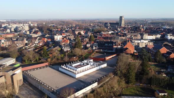 Roman Temple Site and Ancient Basilica in Tongeren City. Aerial View.