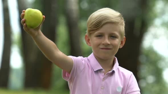 Healthy Snack, Happy Little Boy Showing Green Apple, Nutrition for School Kids