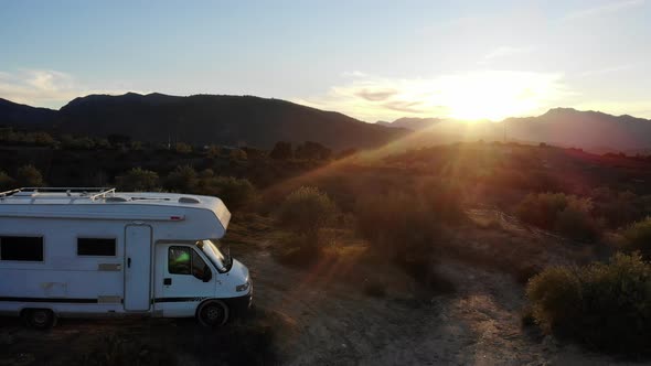 Caravan at Sunset. Aerial View.