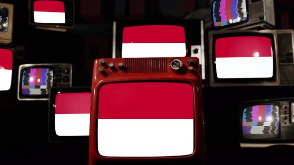 Flag of Monaco on Retro TVs. 4K.