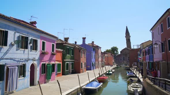 Tourists Walking on Beautiful Street With Colorful Houses in Burano, Venice