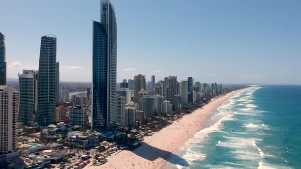 Aerial view of skyline and beach at Surfers Paradise, Gold Coast, Australia