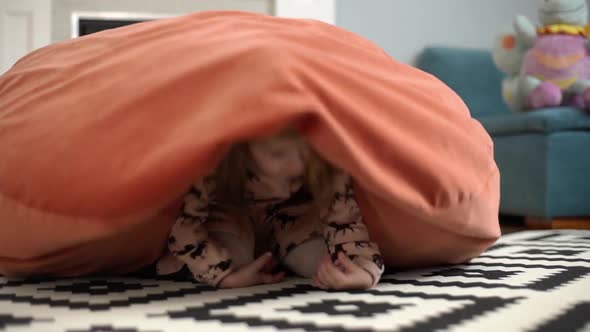 Portrait of Adorable Kid Girl 56Years Enjoying Happy Carefree Childhood While Playing Hide and Seek