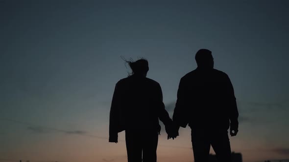 Back View Dark Silhouettes of Couple Walking Away and Holding Hands