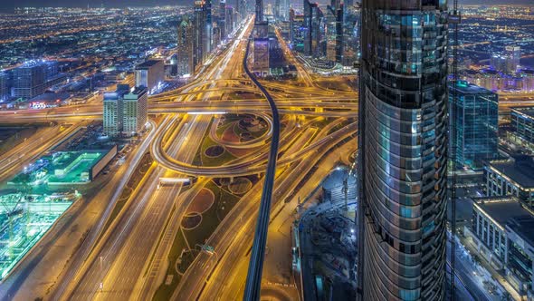 Scenic Dubai Downtown Skyline at Night Timelapse