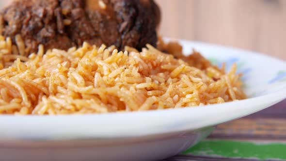 Close Up of Mutton Biryani Meal in a Plate on Table