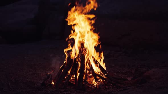 Burning fire. Bonfire. Closeup of flames burning on black background, slow motion