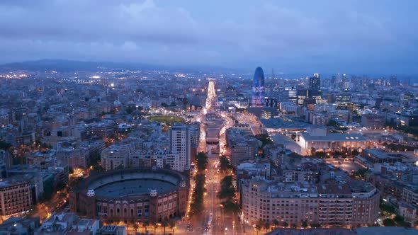 Aerial view of Grand Via with Plaça de Tetuan, Barcelona, Spain