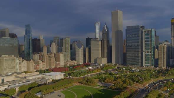 Aerial of beautiful park and Chicago skyline