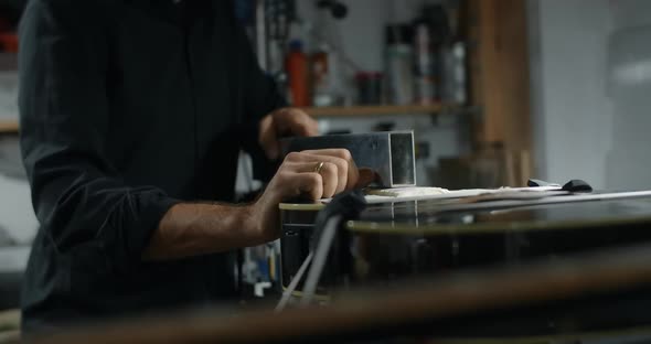 Luthier Sands Guitar Frets at Musical Instruments Repair Shop  60Fps 10 Bit