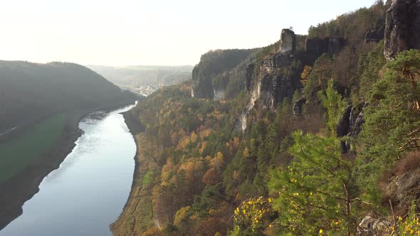 Saxon Switzerland panoramic view of Bastei and Elbe River in Germany