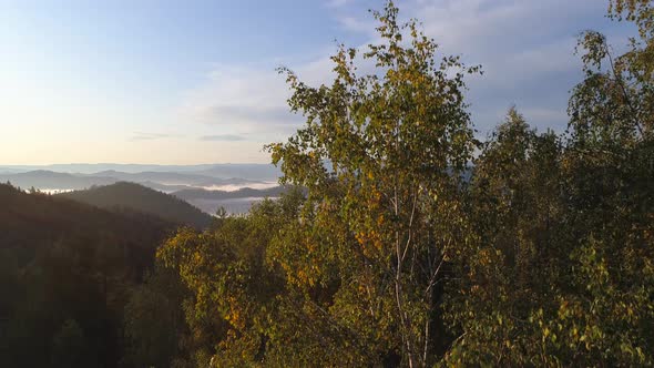 Drone Flying over Foggy Valley in Mountain Landscape 