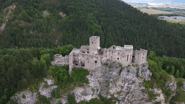 Aerial view of the castle in the village of Strecno in Slovakia