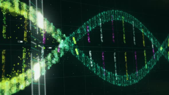 Close Up of Colorful DNA Molecule With Scanning Board Going Through It alt
