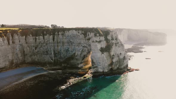 Drone Flying Left Near Epic Famous White Chalk Seaside Cliffs at Etretat Normandy Revealing Amazing