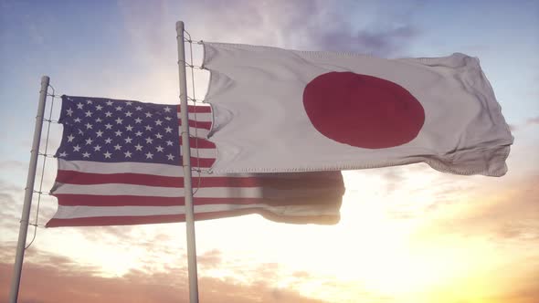 Japan and United States Flag on Flagpole