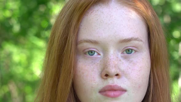 Face of a Young Woman with Red Hair and Freckles on a Background of Green Foliage