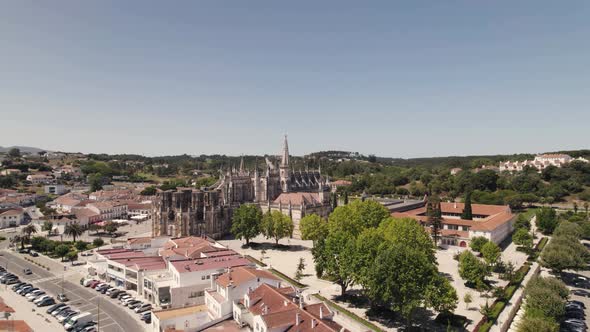 Monastery of Batalha, Leiria, Portugal. Gothic Dominican convent. Aerial forward