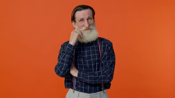 Senior Smiling Old Man with Grayhaired Looking at Camera Fixing Beard Posing on Orange Background