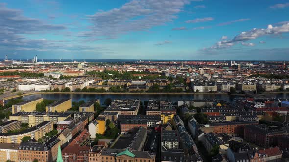 Overview Of The City Of Copenhagen In Denmark On A Sunny Day. drone pullback