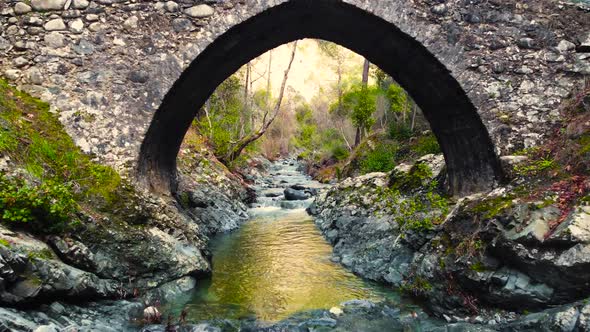 Ancient Bridge Over a Mountain River Abandoned Structure in the Wild Forest River Stones in Autumn