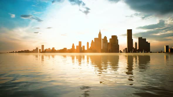 Skyline with Skyscrapers and Sea at Sunset