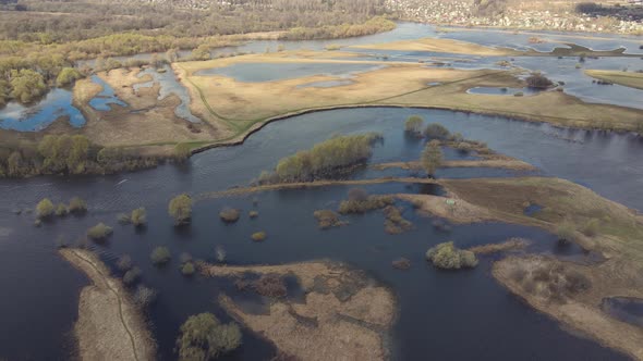 Immense Flood of the River Spring Flood and Flooded Fields Aerial View