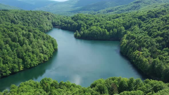 Aerial view of Morske oko lake in Remetske Hamre village in Slovakia