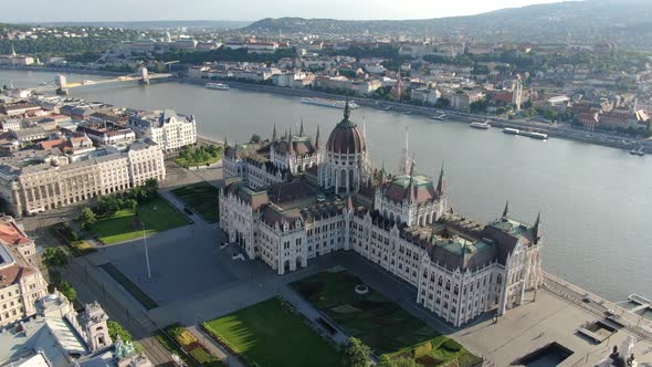 Aerial orbit shot of Hungarian Parliament Building (Orszaghaz) in Budapest