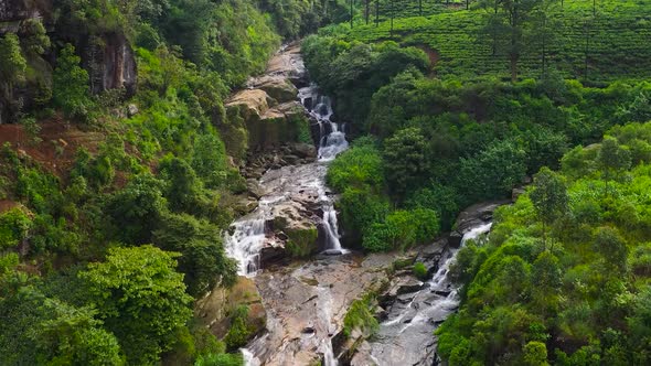 Top View of Ramboda Waterfall and Tea Plantations