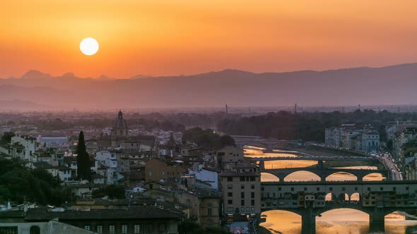 Scenic Skyline View of Arno River Timelapse, Ponte Vecchio From Piazzale Michelangelo at Sunset