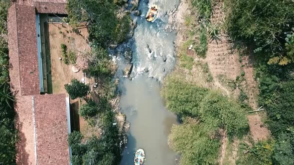 Aerial View People Rafting In The Local River In Java Indonesia