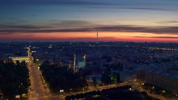 Flying Over The Night St. Petersburg With A View Of The Cathedral Mosque And The Avenue