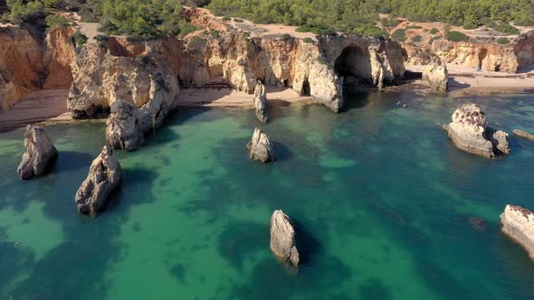 Delightful Aerial View of Portuguese Rocky Beaches Near the City of Portimao