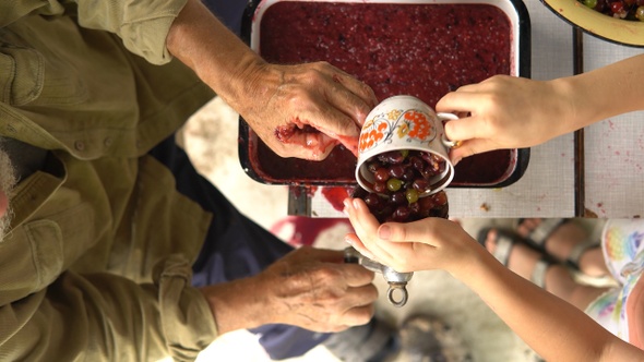 Human's hands chops summer berries for jam in grinder closeup