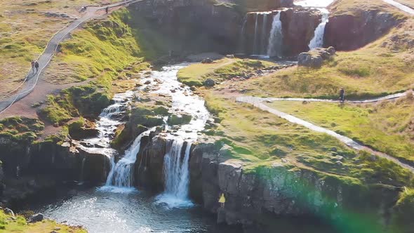 Kirkjufell Waterfalls Aerial View Iceland in Summer Season