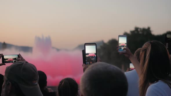 Crowd Taking Pictures with Cell Phones, Fountains in Barcelona, Event. A Crowd Taking Pictures