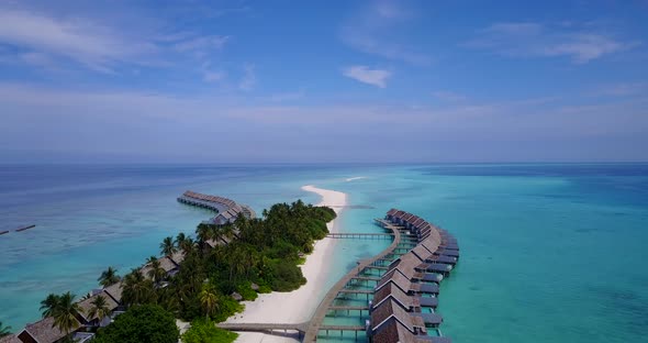 Tropical birds eye copy space shot of a summer white paradise sand beach and blue ocean background i