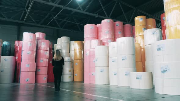 Female Worker Inspecting a Large Paper Warehouse