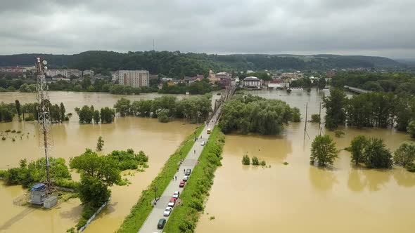 Aerial View of Flooded Houses with Dirty Water of Dnister River in Halych Town Western Ukraine