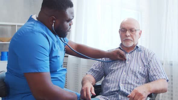 African-American caregiver and old disabled man in a wheelchair. Nurse and handicapped patient.