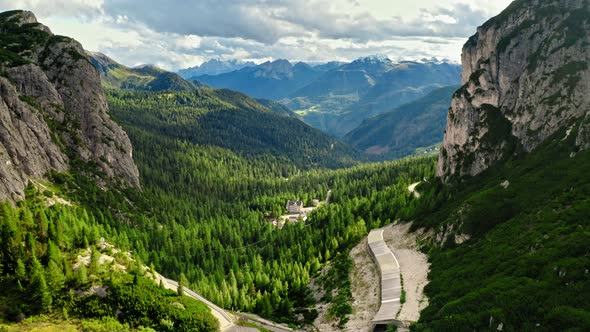 Aerial viewof Passo Falazarego near Sass de Stria peak, Dolomites